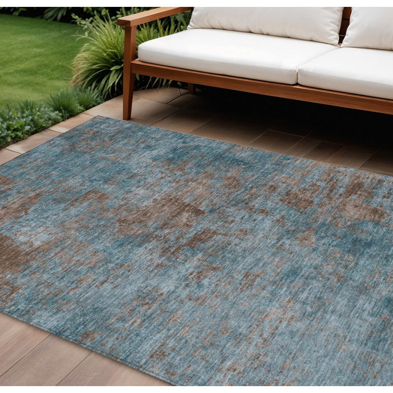 Tapis d'extérieur lavable abstrait bleu sarcelle 10 pi x 14 pi bleu et brun