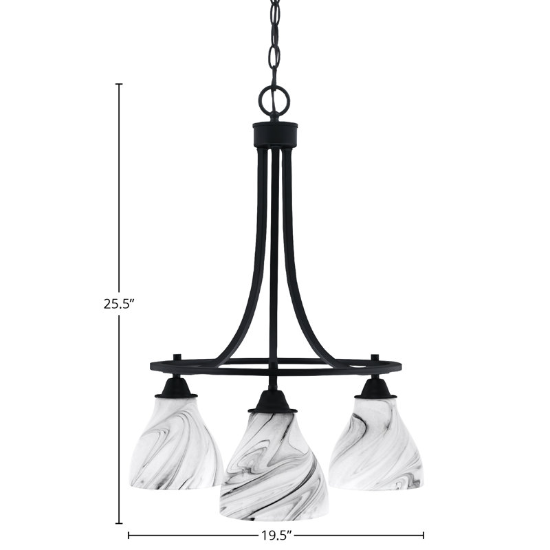 Lustre 3 lumières Paramount illustré en finition noir mat avec verre tourbillon onyx de 6,25 po