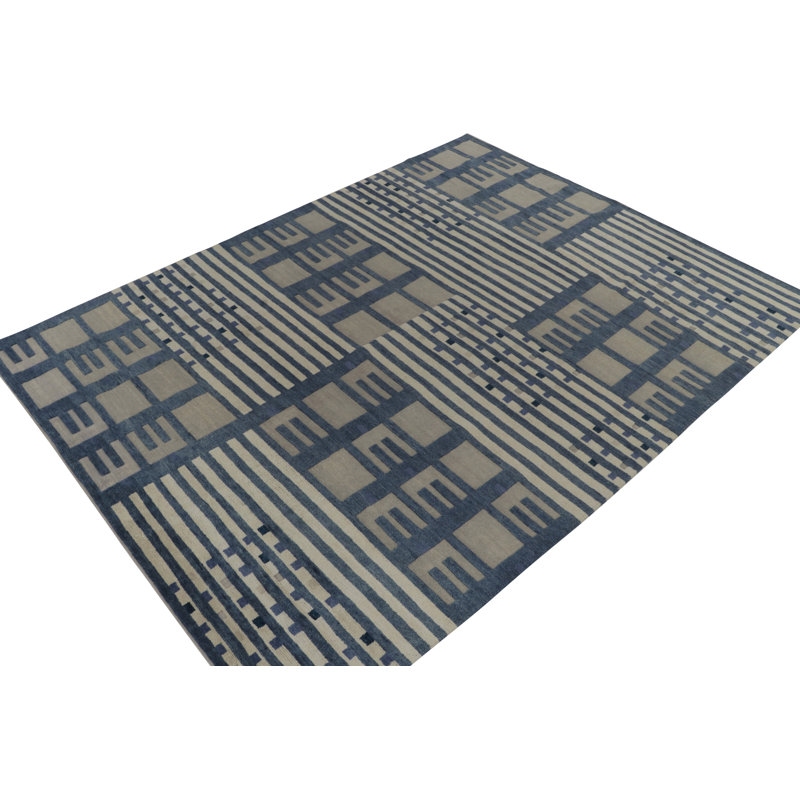 Rug & Kilim’S Swedish Rug In Blue & Grey High-Low Geometric Patterns, Rectangle 9' x 12'
