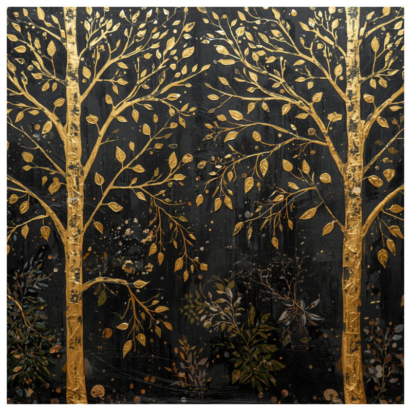 Golden Trees On Black Comforter, Twin
