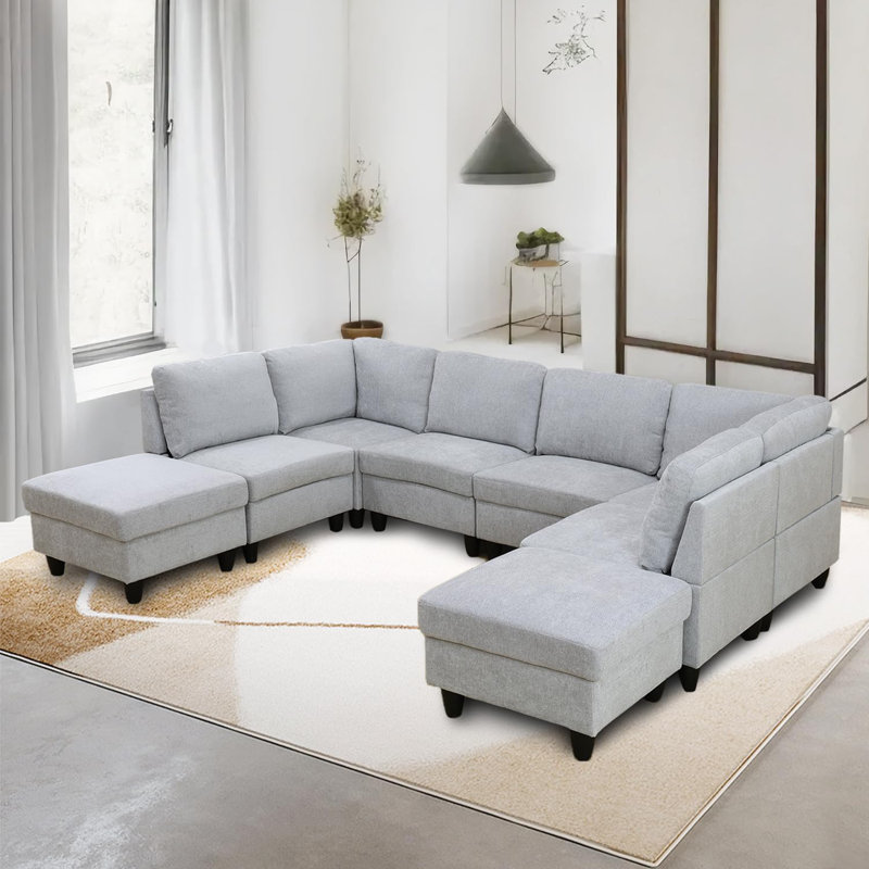 104.5" Wide Reversible Modular Seating Component with Ottoman, White Gray 