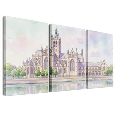 Ensemble de 3 toiles murales représentant une cathédrale gothique et le reflet d'une rivière à l'aquarelle