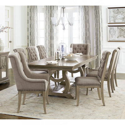 Classic Luxury Dining 9pc Extendable Table and Chairs Set Button Tufted Upholstered Self-Storing Leaf Traditional Design Furniture