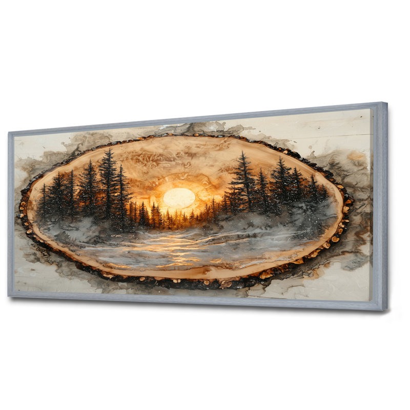 «Getzel Sunrise Pine Tree on Wooden Tree Slide II», art mural sur toile forêt, H 28 po x l 60 po, Argent argent