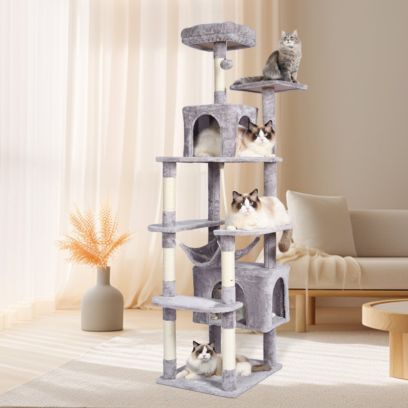 VEVOR Cat Tree 72" Cat Tower with 2 Cat Condos Sisal Scratching Post Light Grey, Light Grey