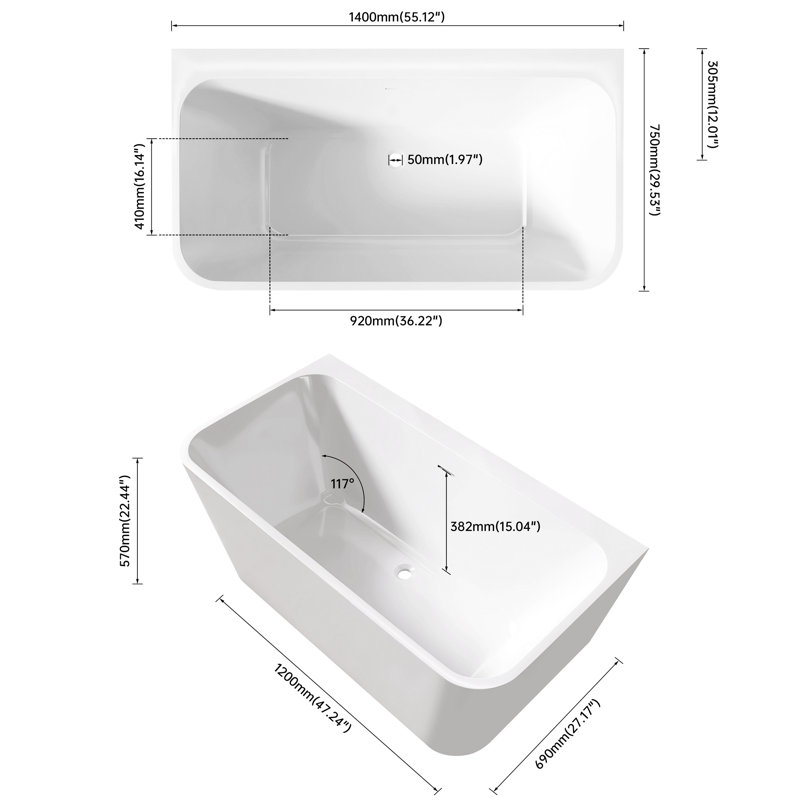 Baignoire de trempage rectangulaire en acrylique de 59 po, finition blanc brillant, conception antidérapante, renforcement en fibre de verre pour une couleur de baignoire durable et confortable, renforcement, utilisation à terme