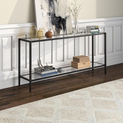 Modern Rectangular Console Table With Tempered Glass Shelf, Handcrafted Steel Frame, Blackened Bronze Finish, Entryway Or Living Room Accent Table