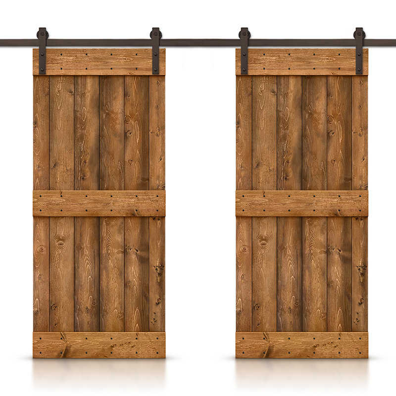 Porte de grange en bois massif lambrissé et métal, Noyer, 64 po x 84 po