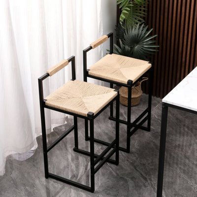 De 2 tabourets de bar à la maison avec dossier: structure en métal robuste et assise en corde de papier pour le confort 2 pièces de style comptoir tissé
