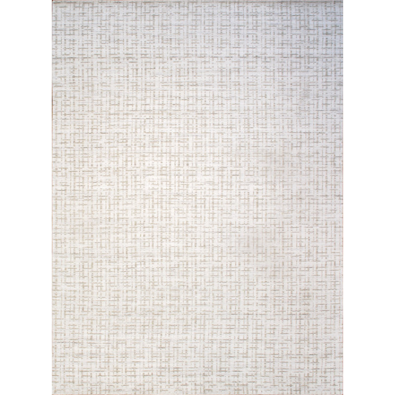 Hand-Loomed Ivory and Silver Wool-Viscose Blend Area Rug, 12' x 15'
