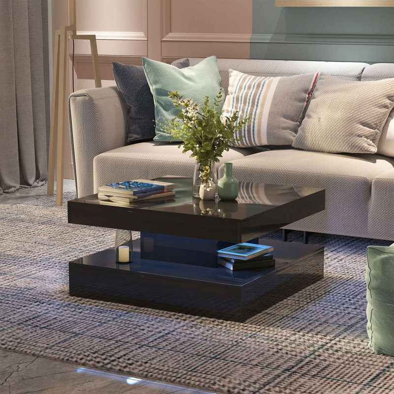 Charvez Solid Coffee Table with 16 Colors LED Lights, 78 x 78 cm, High Gloss Black, 40cm H x 78cm W x 78cm D