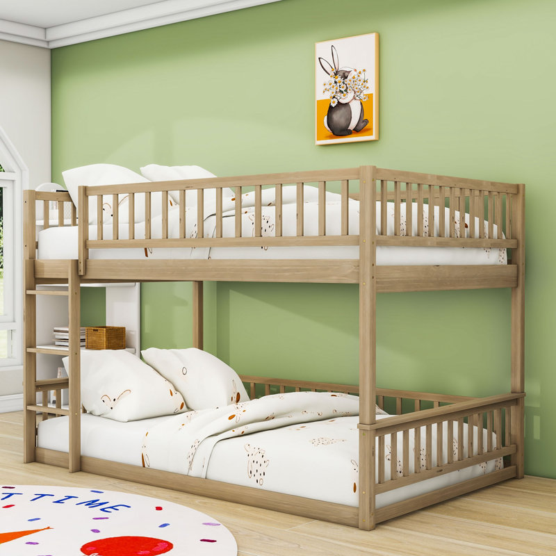 Queen Over Queen Wooden Bunk Bed With Ladder And Slats, Walnut