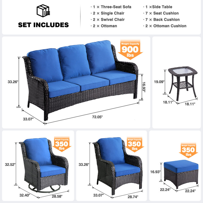 Amerissa 7 - Person Wicker Rattan Patio Furniture Set with Swivel Chairs, Outdoor All Weather Sofa Conversation Set with Cushions for Garden Backyard