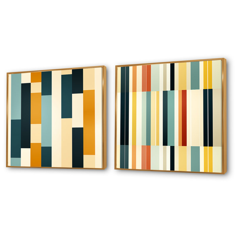 Cristofaro - Ensemble de 2 collages de formes carrées abstraites, H 16 po x l 33 po, Cadre flottant doré