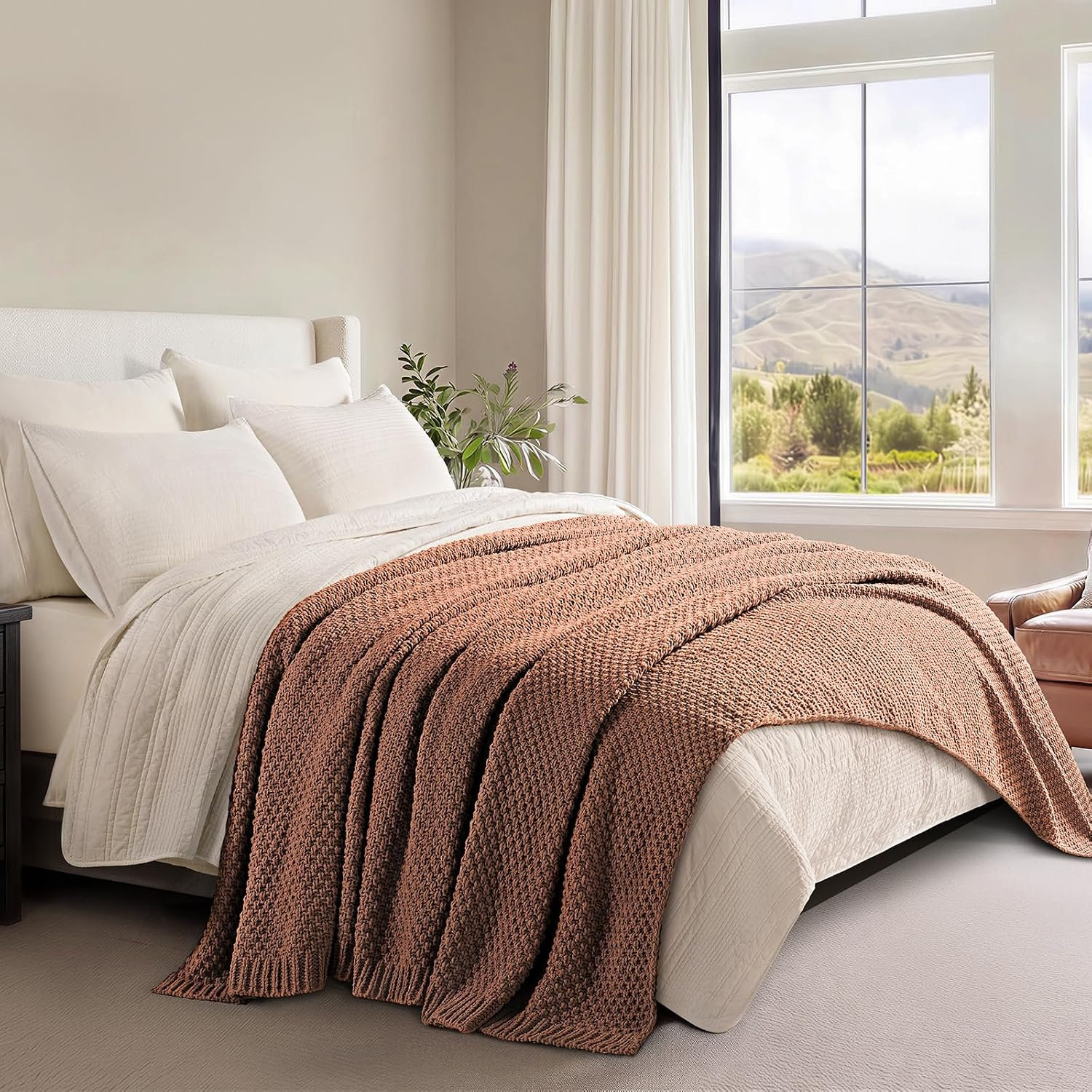 Chunky Chenille Weighted Throw Blanket, Terracotta Clay, 108" L x 92" W