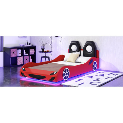 Red Twin Bed With Race Car Design And Led Under , Comfortable Back, Size Glow ,