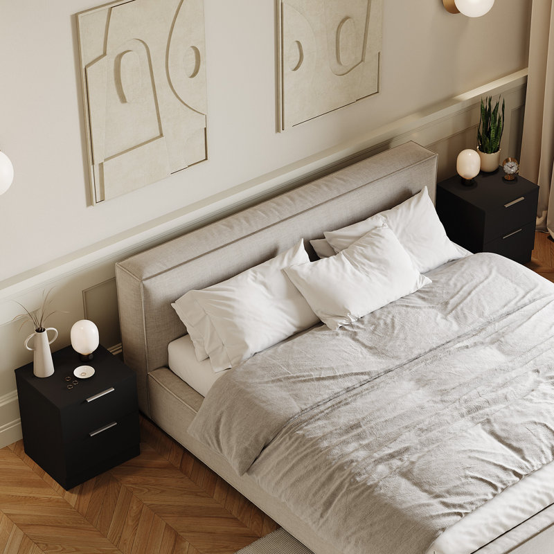 Tasheeka 2 Drawer Bedside Chest Modern Bedroom Nightstand Set Of 2, Black