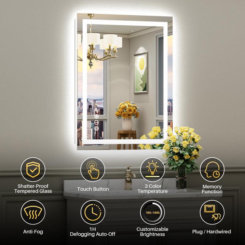 LED Bathroom Mirror with Lights, Backlit & Front Lit, Lighted Wall Mirrors for Bathroom Vanity, Touch Screen Dimmable, Anti-Fog, Memory Function, HD Tempered Glass, Shatter-Proof, ETL Listed