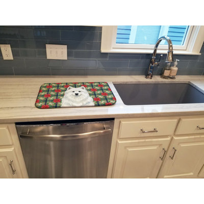 White Samoyed Christmas PoinsettIas Dish Drying Mat