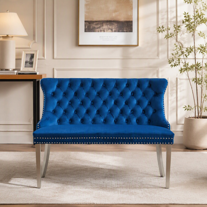 Velvet Double Dining Loveseat Bench, Kitchen & Dining Seating, 2-Seat Tufted Bench W/Handmade Buttons, Wing Back, Brushed Silver Stainless Steel Legs, Mid Century Modern,Single Pack,Blue,SW1702BL