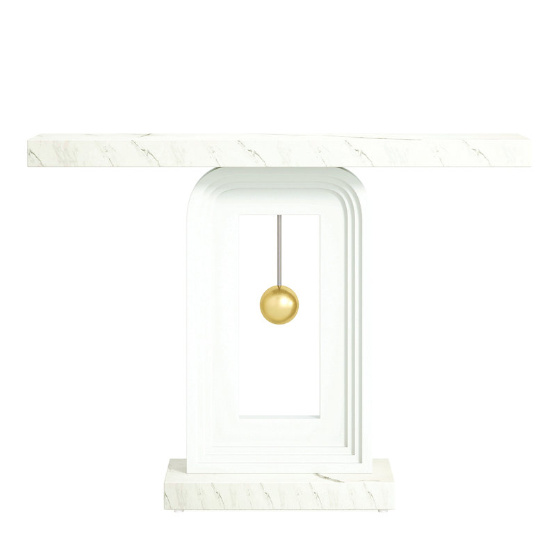 Console Table With Geometric Base, 40 Inch Narrow Sofa Entryway Table With Gold Decor, Wood Accent Table