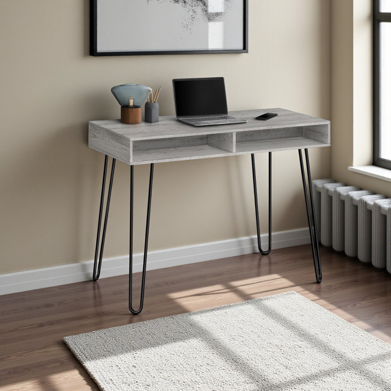 Samuel Two-Cubbies Gray Finish Computer Desk with Black Metal Leg, 29.73" H X 39.79" W X 19.6" D