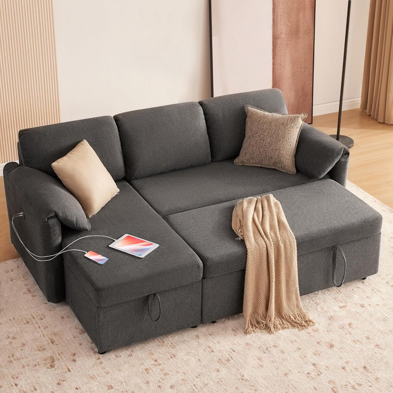 Canapé-lit modulaire en L de 83 po avec chenille et rangement USB, Mélange de polyester gris foncé