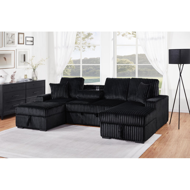 Cosmo Black Corduroy Small Sectional Sofa With Sleeper, Storage & Dropdown Table