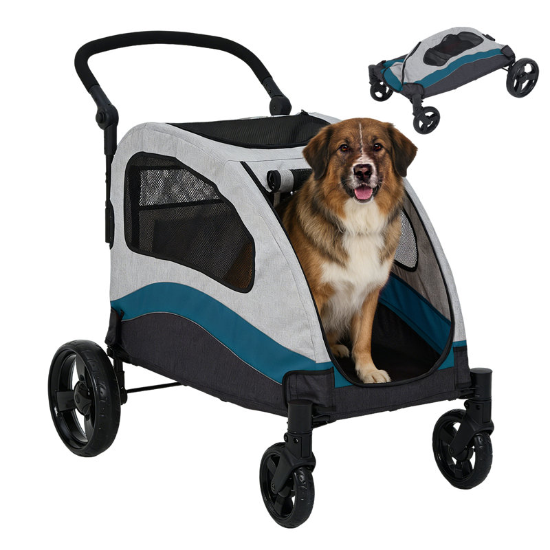 Foldable Large Dog Stroller, Heavy-Duty Pet Stroller Wagon Supports Up to 135 Lbs, 360° Rotating Wheels, Adjustable Handle, Breathable Mesh & Storage Pocket for Large Breed Pets,Green