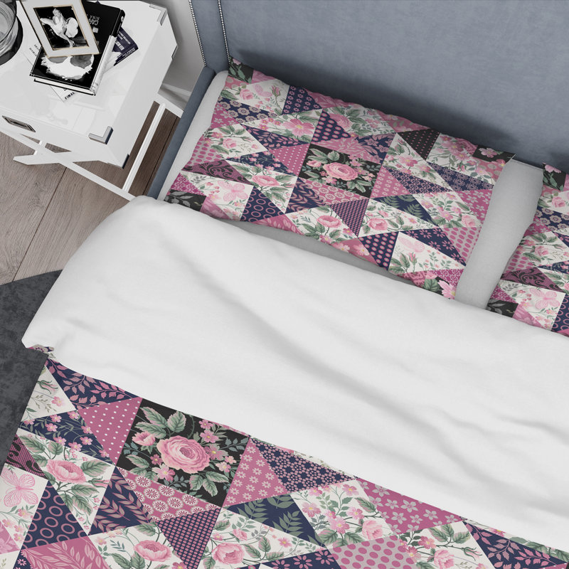 Patchwork floral rose - ensemble de housse de couette abstrait - microfibre de polyester