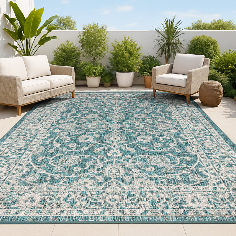 Tapis d'intérieur / extérieur tissé texturé sarcelle / gris Haupt, Rectangle 3 pi 11 po x 6 pi