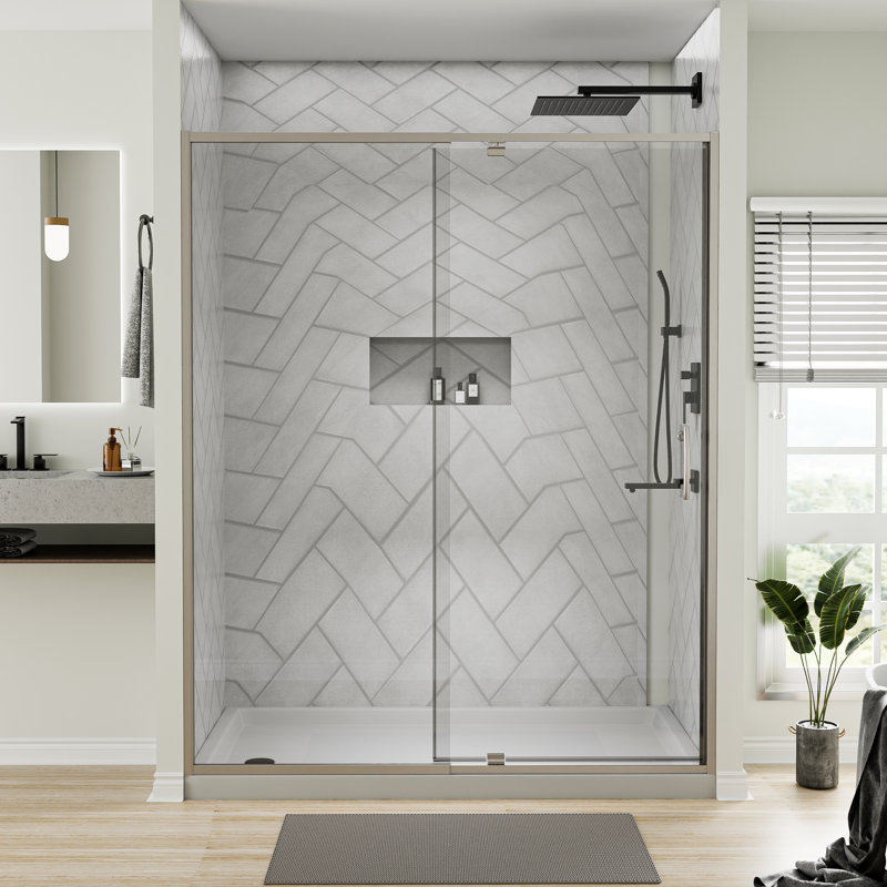 56-60" Wide X 71" High Pivot Semi-Frameless Shower Door With Clear Glass, Brushed Nickel