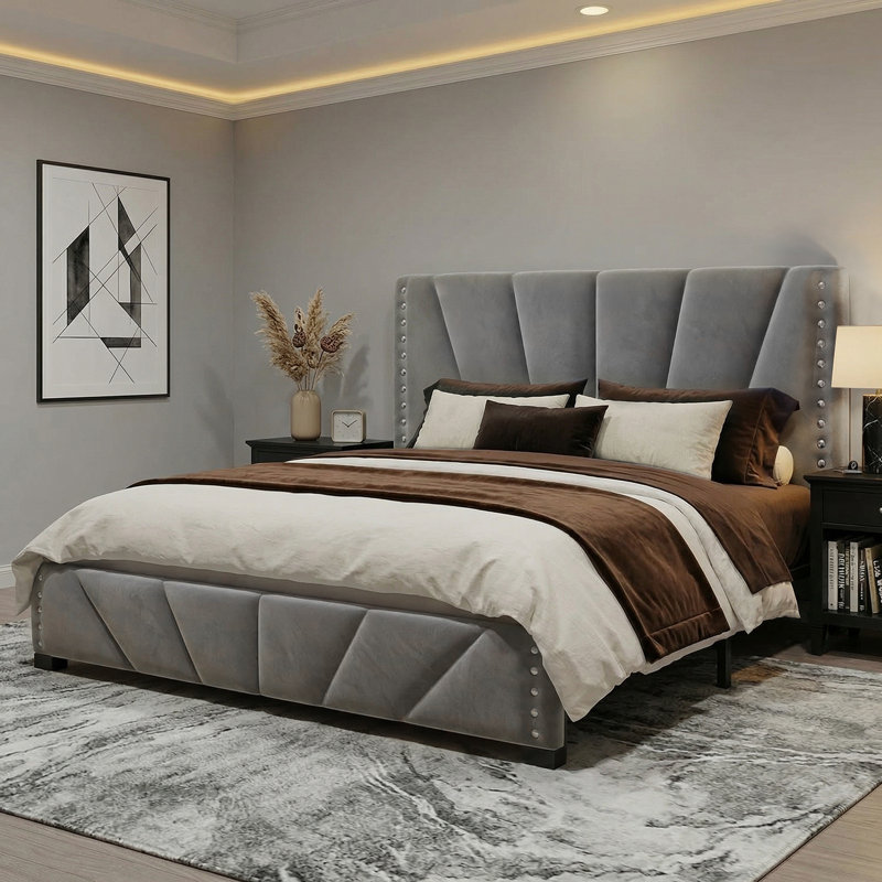 Lit plateforme de rangement en velours Queen Size avec tête de lit réglable en hauteur, éclairage DEL, station de recharge et espace de rangement sous le lit de 30 cm (11,8 po). Sommier non requis.