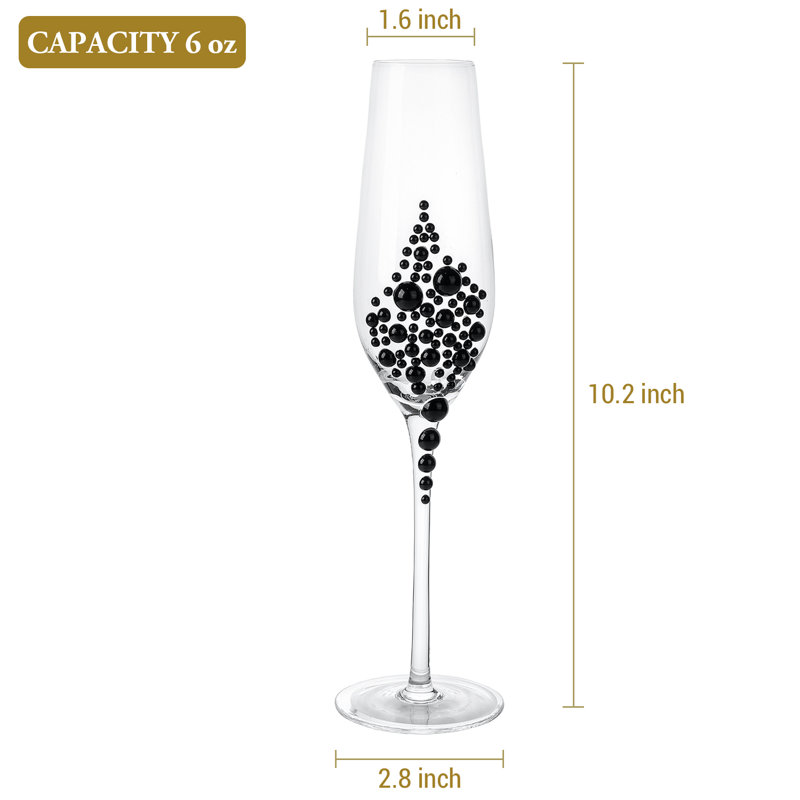 Set of 4 Stemmed Champagne Flutes Glassware with Balck Pearls