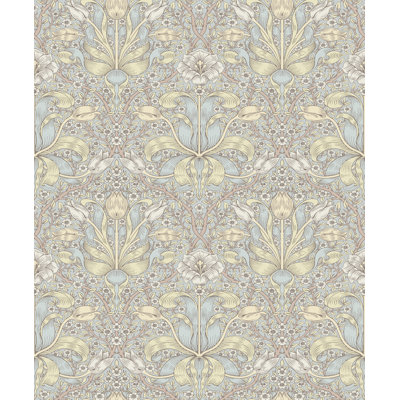 Spring Thicket Blue Tulip Damask Wallpaper