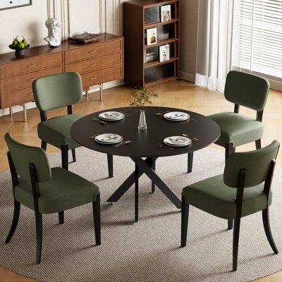 35.4"/47" Round MDF Dining Table With Industrial Metal Cross Base & Modern Armless Upholstered Dining Chair Set, Seats 4-6 For Kitchen Apartment Breakfast Nook