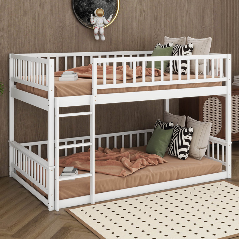 Queen Over Queen Bunk Bed With Ladder And Guardrails, Wood Bedframe With Solid Wood Suppor, Detachable Design, White