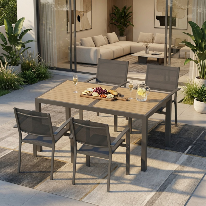 Ensemble de salle à manger 5 pièces toutes saisons gris, table rectangulaire robuste en aluminium HDPS à 4 places et chaises en métal textilène pour le patio