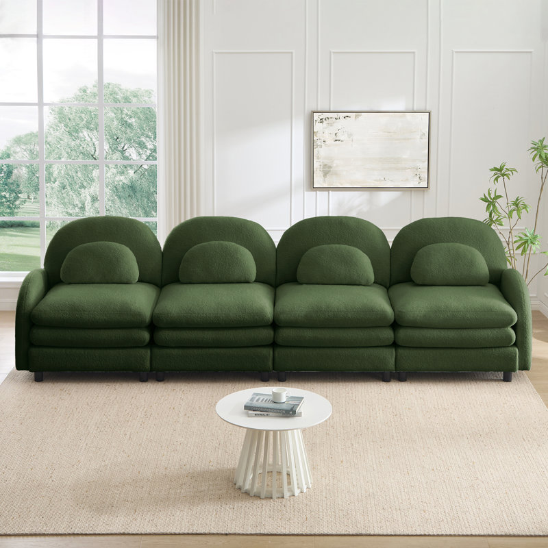 Canapé 4 places Teddy en tissu doux semblable à un nuage, dossier incurvé et accoudoirs avec coussins lombaires incurvés, canapé modulaire à 4 places avec coussin de soutien double couche, vert