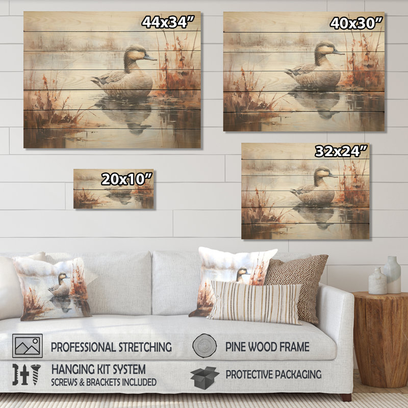 Misty Marsh Duck III - Canard sur bois, H 24 po x l 32 po x P 0,78 po