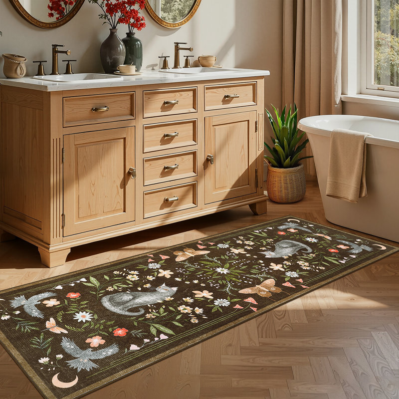 Tapis floral et chat lavable pour salle de bain, salon et chambre à coucher, Brun, Rectangle 72 po x 24 po