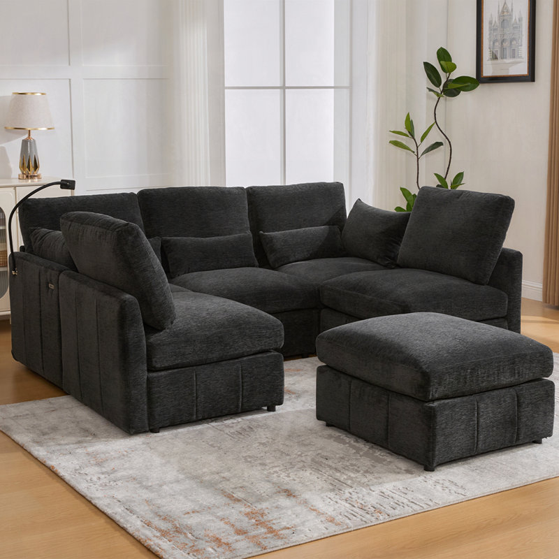 Chenille Upholstered Modular Sectional Sofa, Black