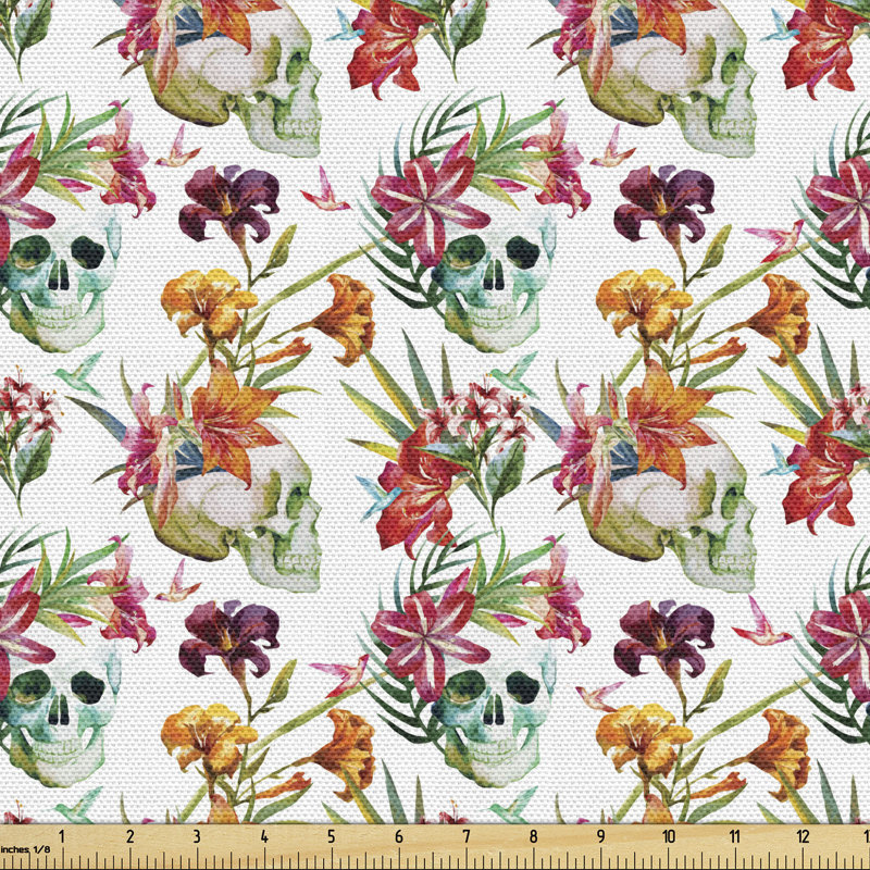 Giron Lilies Tropical Flower Blooms Leaves on Skull Fabric