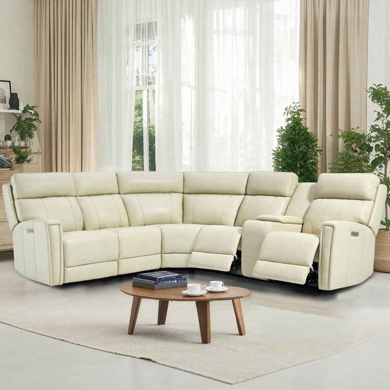 6-Piece, 3 Power recliners Leather Reclining Sectional, Power headrest  , Cream Genuine Leather, Power - Push Button