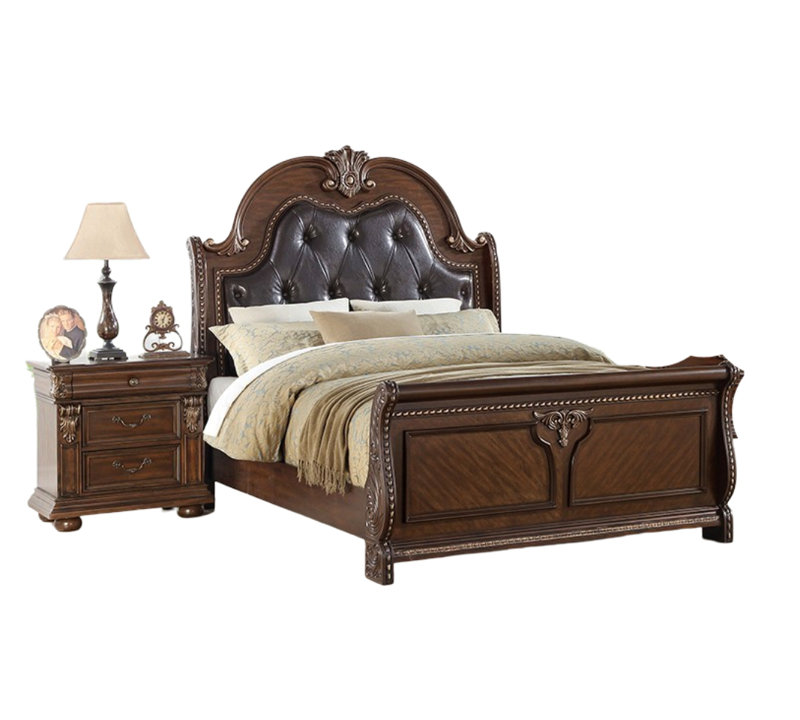 Mobilier de chambre à coucher de style traditionnel avec tête de lit capitonnée capitonnée et capitonnée, Très grand lit