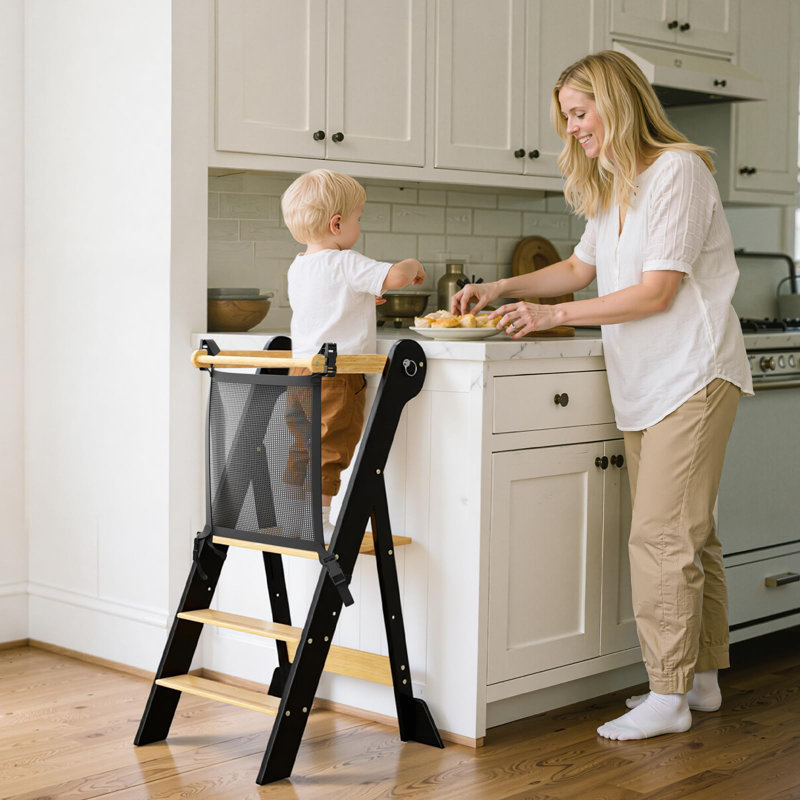 Tabouret réglable pour enfant de 35,4 po avec barrière de sécurité, tour d'apprentissage en bois pour enfants, Noir/naturel