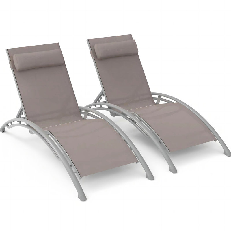 Outdoor Chaise Lounge Of 2 - Khaki With Adjustable Positions Aluminum Frame, Removable Pillow For Pool, Sunbathing Fabric Patio Recliner Chairs Construction, , Spot