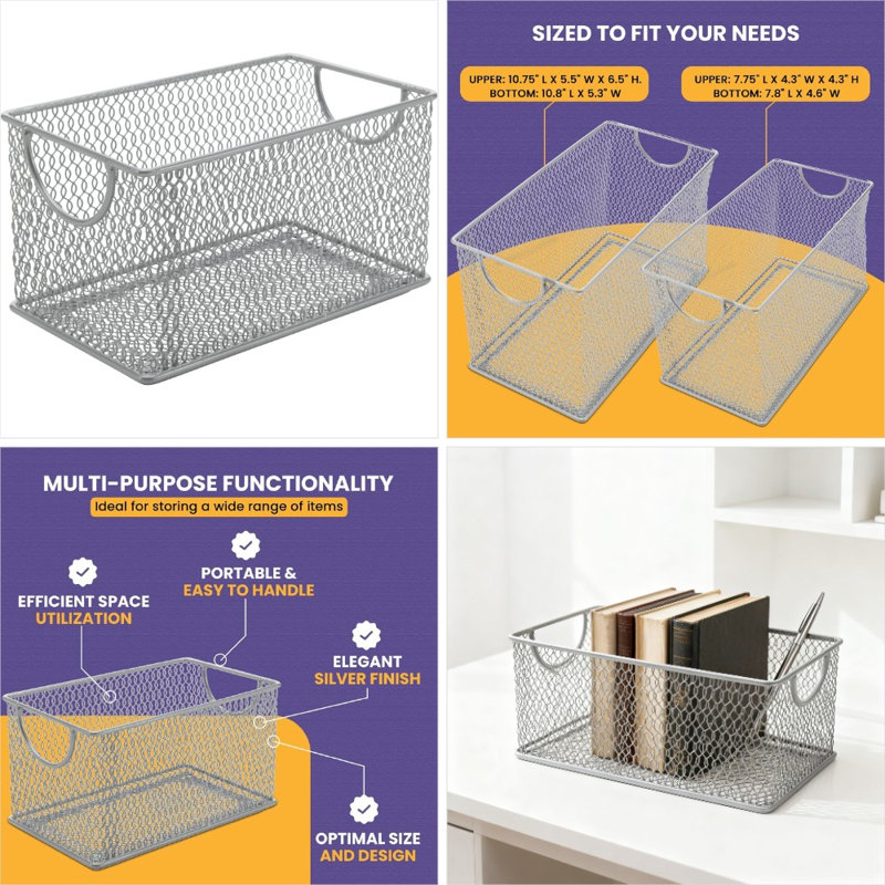 Stainless Steel Mesh Storage Bin With Handles For Home, Office, Kitchen & Bathroom Organization