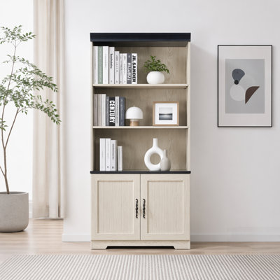 Tall 5-Tier Cube Display Cabinet with Adjustable Shelves and Barn Doors, MDF Wood Freestanding Storage for Multiple Rooms