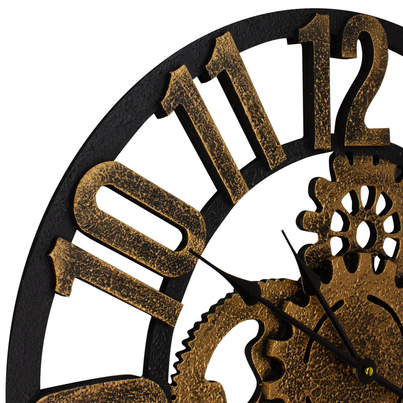 24" Gold and Black Round Wall Clock with Mechanical Cogs